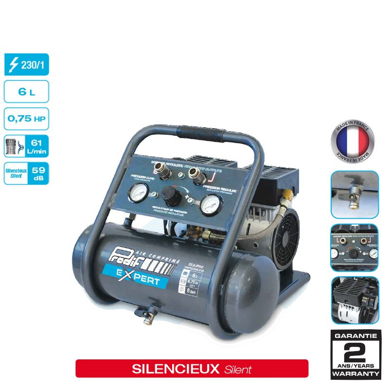 Compresseur Silencieux PRODIF 50 Litres 2 CV 8 Bar | Monophasé 230V - Niveau Sonore 66 DB | Pour Bricolage, Peinture