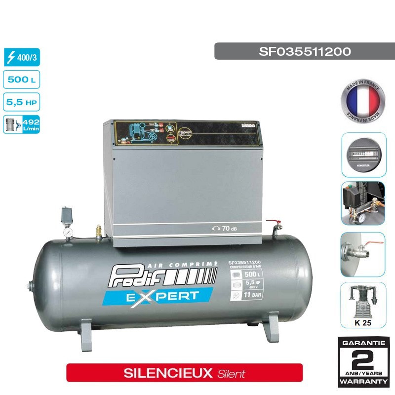Compresseur silencieux 5.5cv 500l 11 bars 400V Prodif SF035511200 Compresseur silencieux 5.5cv 500l 11 bars 400V Prodif SF035511200