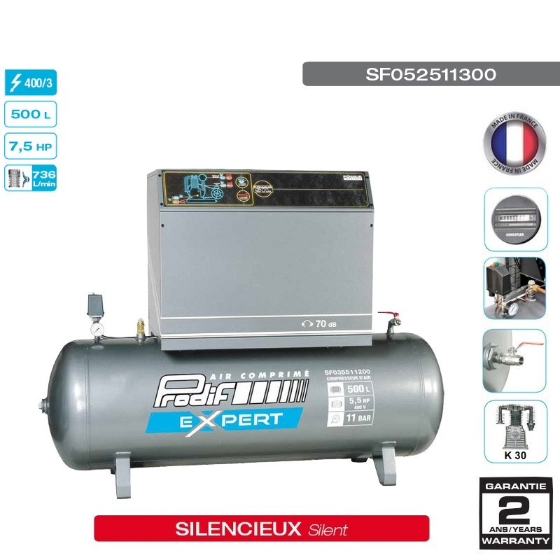 Compresseur silencieux 7.5cv 500l 11 bars 400V Prodif SF052511300